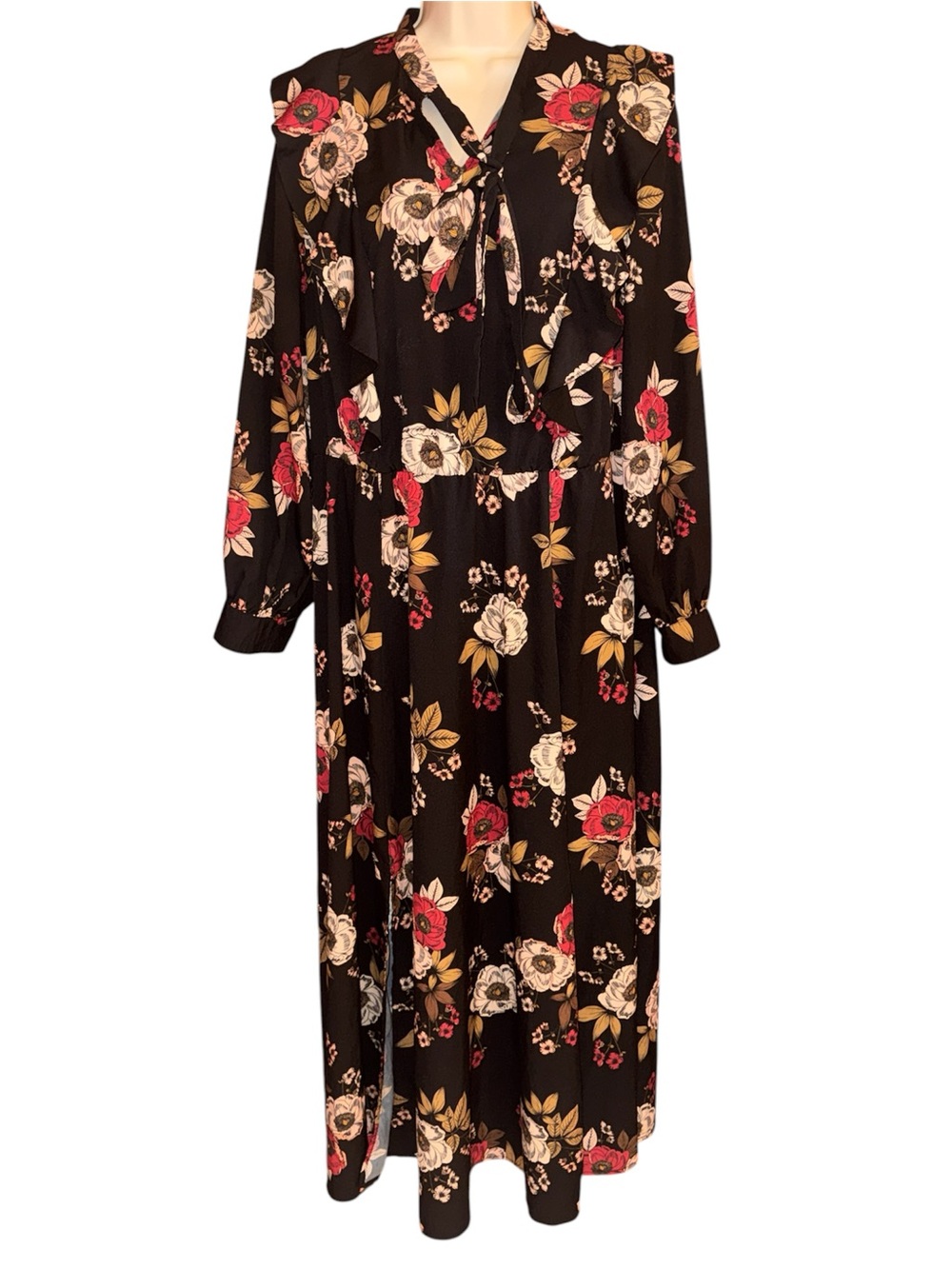 Eloquii Black Tie-Neck Maxi Dress with Red & Cream Floral Print, size 14